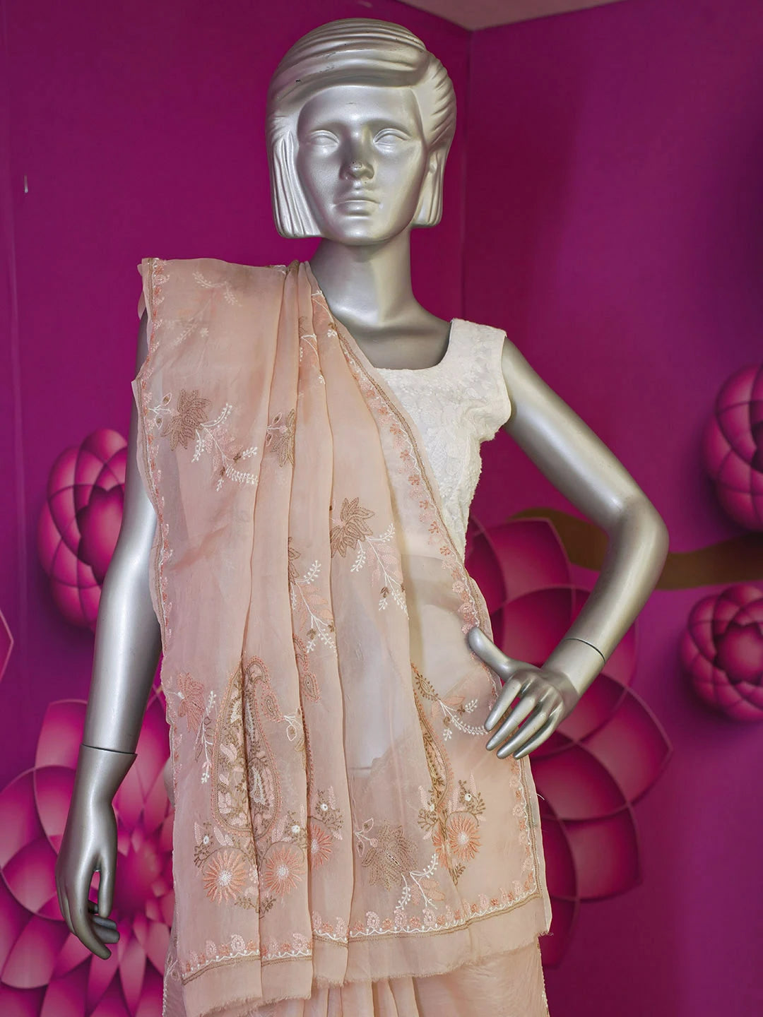 Ada Hand Embroidered Blushing Peach Organza Lucknowi Chikankari Saree and Blouse 01A585795