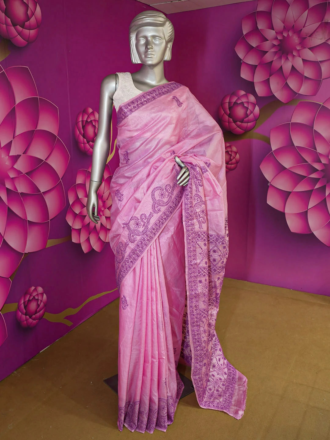 Ada Hand Embroidered Onion Pink Silk Lucknowi Chikankari Saree and Blouse 01A596677