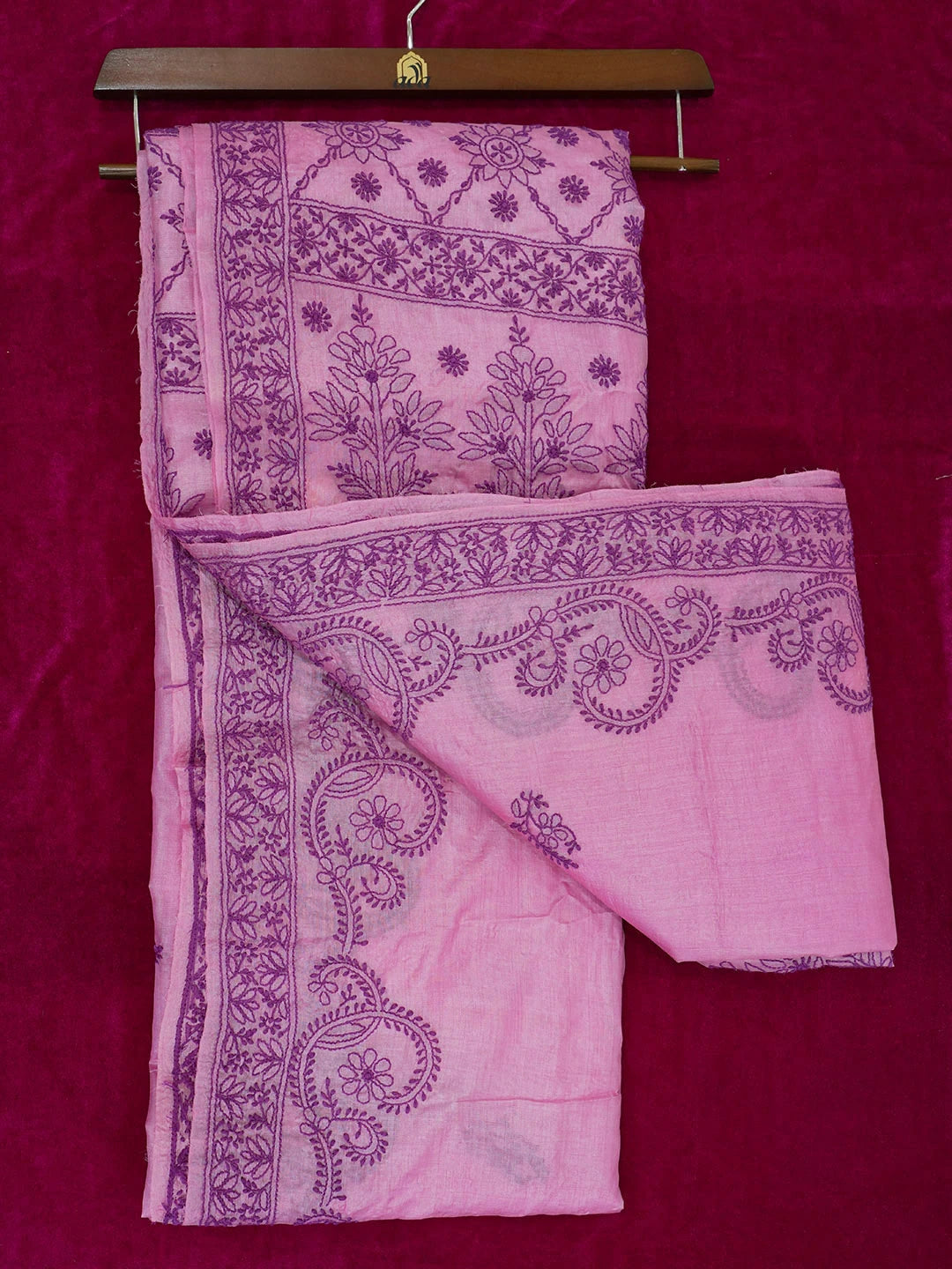 Ada Hand Embroidered Onion Pink Silk Lucknowi Chikankari Saree and Blouse 01A596677