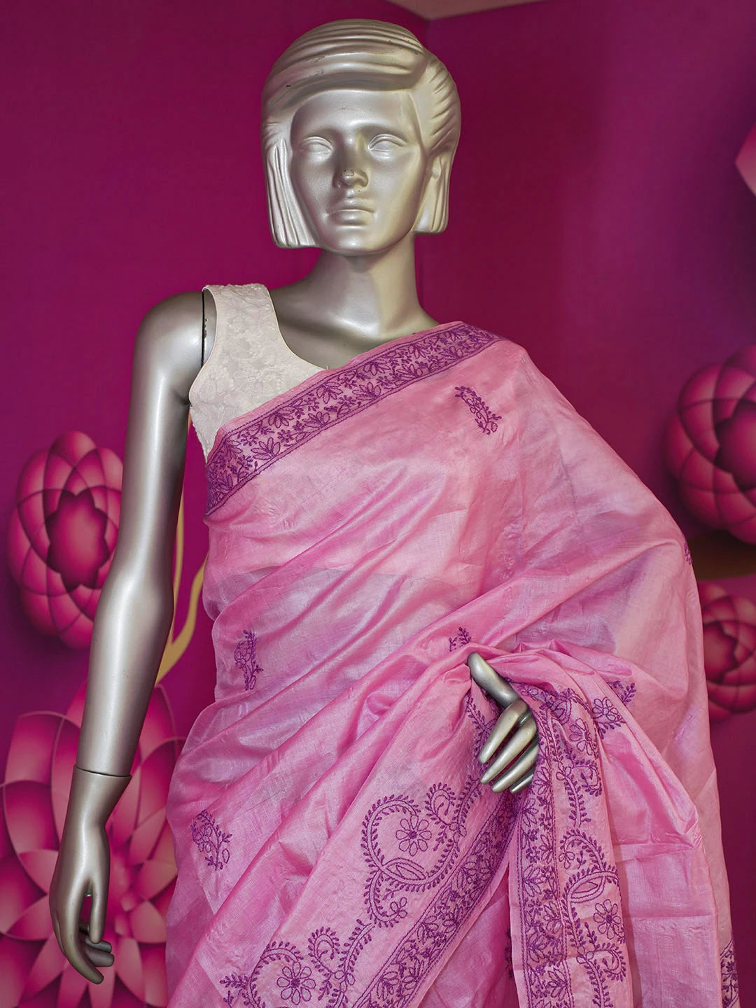 Ada Hand Embroidered Onion Pink Silk Lucknowi Chikankari Saree and Blouse 01A596677