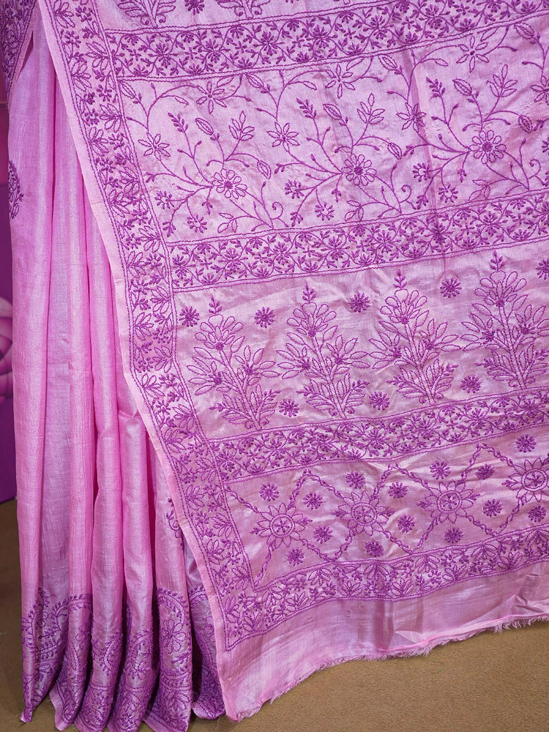 Ada Hand Embroidered Onion Pink Silk Lucknowi Chikankari Saree and Blouse 01A596677