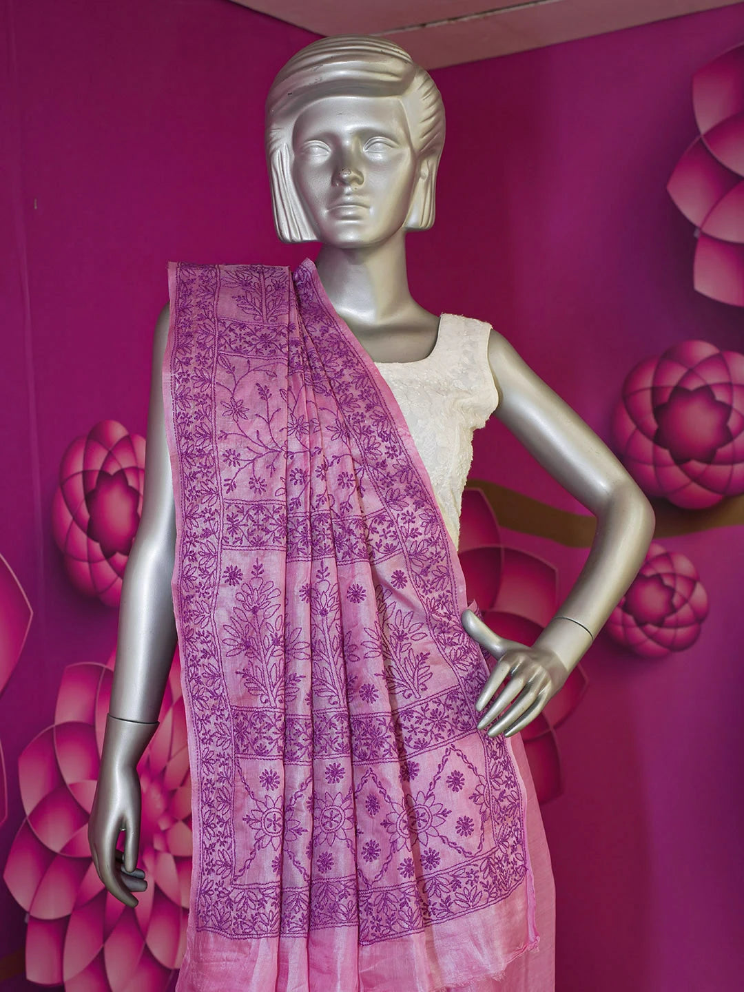 Ada Hand Embroidered Onion Pink Silk Lucknowi Chikankari Saree and Blouse 01A596677