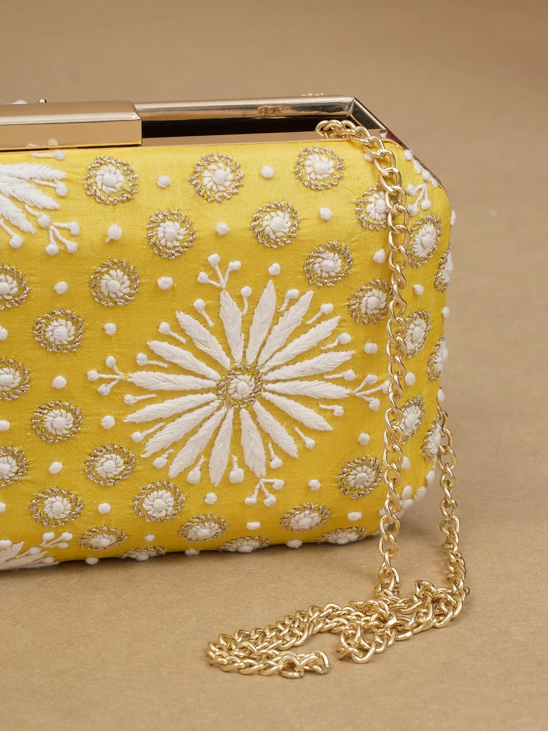 Ada Hand Embroidered Yellow Silk Lucknowi Chikankari Clutch With Zari Work 01A600562