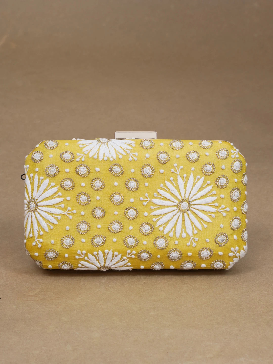 Ada Hand Embroidered Yellow Silk Lucknowi Chikankari Clutch With Zari Work 01A600562
