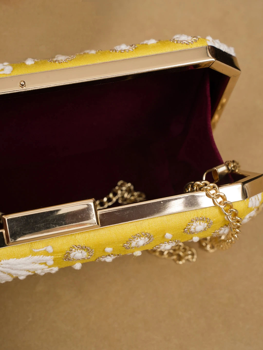 Ada Hand Embroidered Yellow Silk Lucknowi Chikankari Clutch With Zari Work 01A600562