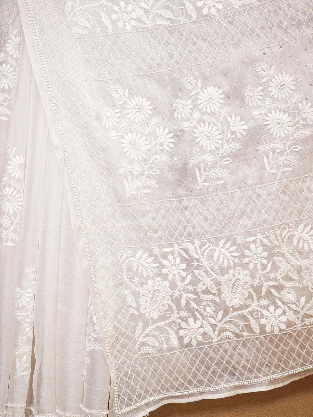 Ada Hand Embroidered Off White Organza Lucknowi Chikankari Saree and Blouse with Cutdana and Pearl Work 01A591770