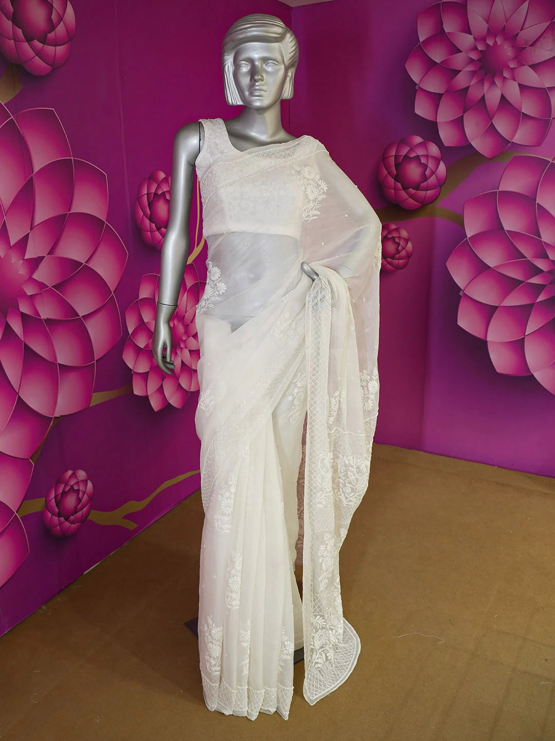 Ada Hand Embroidered Off White Organza Lucknowi Chikankari Saree and Blouse with Cutdana and Pearl Work 01A591770