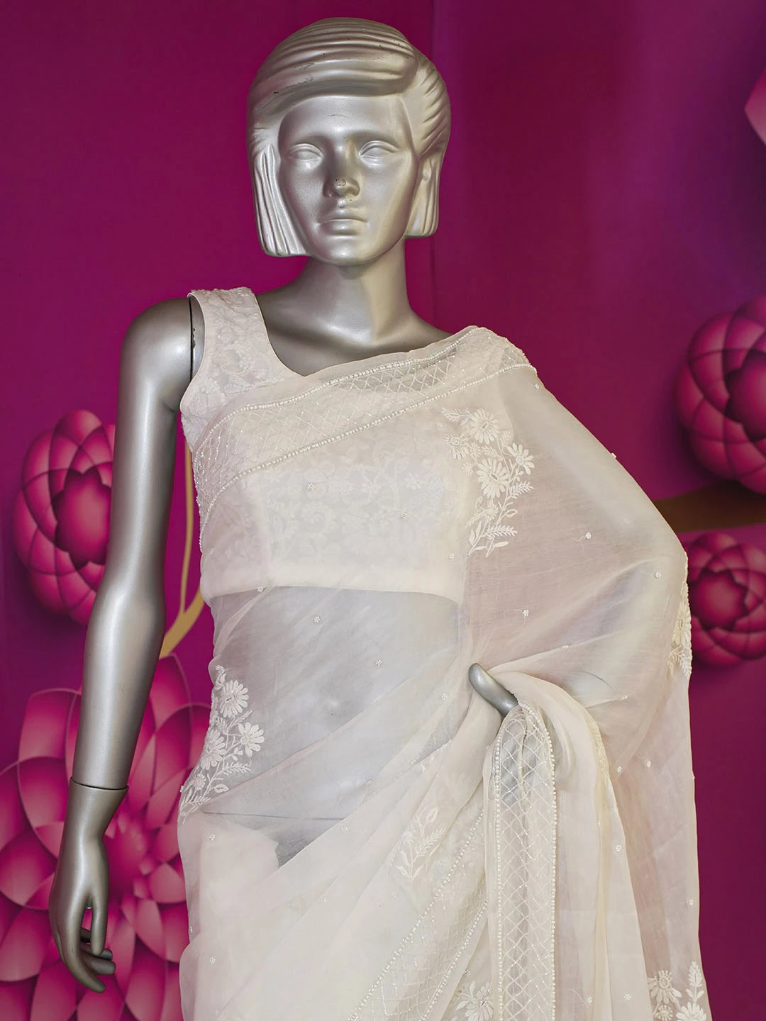 Ada Hand Embroidered Off White Organza Lucknowi Chikankari Saree and Blouse with Cutdana and Pearl Work 01A591770
