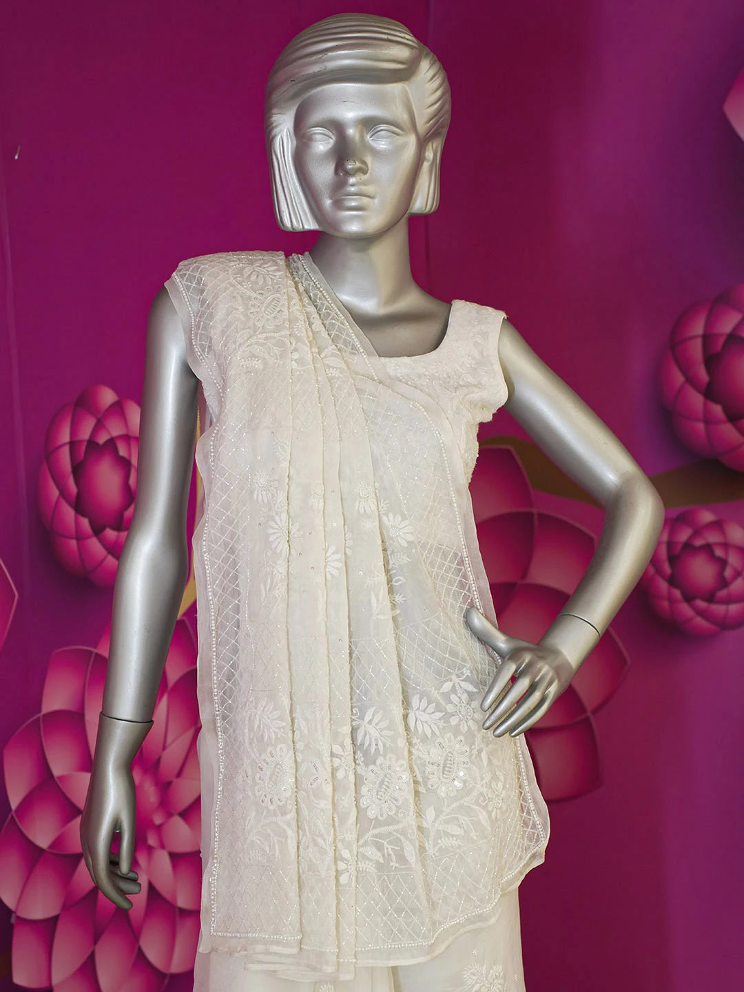 Ada Hand Embroidered Off White Organza Lucknowi Chikankari Saree and Blouse with Cutdana and Pearl Work 01A591770