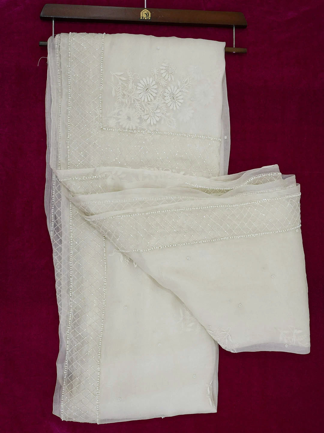 Ada Hand Embroidered Off White Organza Lucknowi Chikankari Saree and Blouse with Cutdana and Pearl Work 01A591770