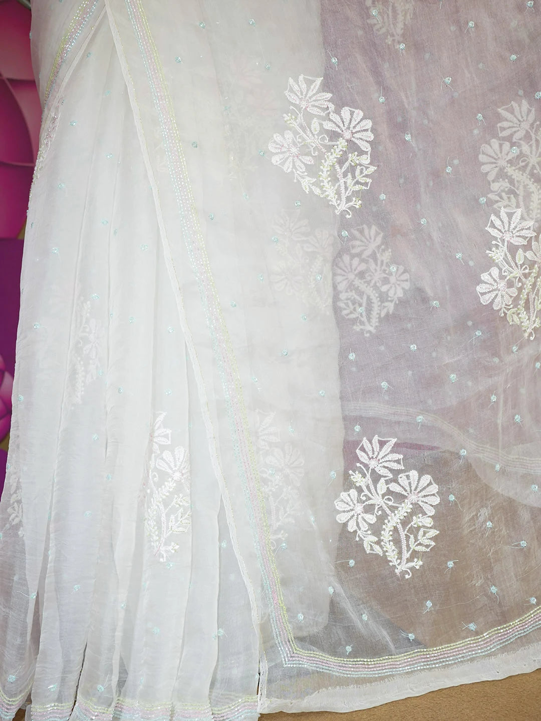 Ada Hand Embroidered Off White Organza Lucknowi Chikankari Saree With Blouse And Cutdana Work 01A584163