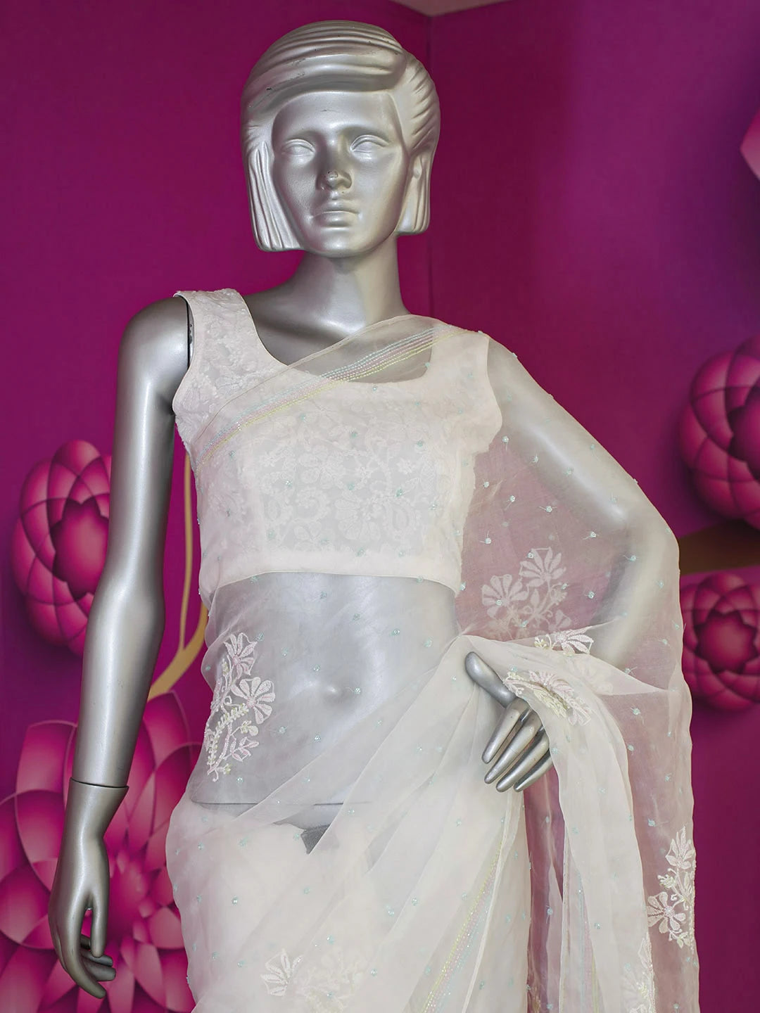 Ada Hand Embroidered Off White Organza Lucknowi Chikankari Saree With Blouse And Cutdana Work 01A584163