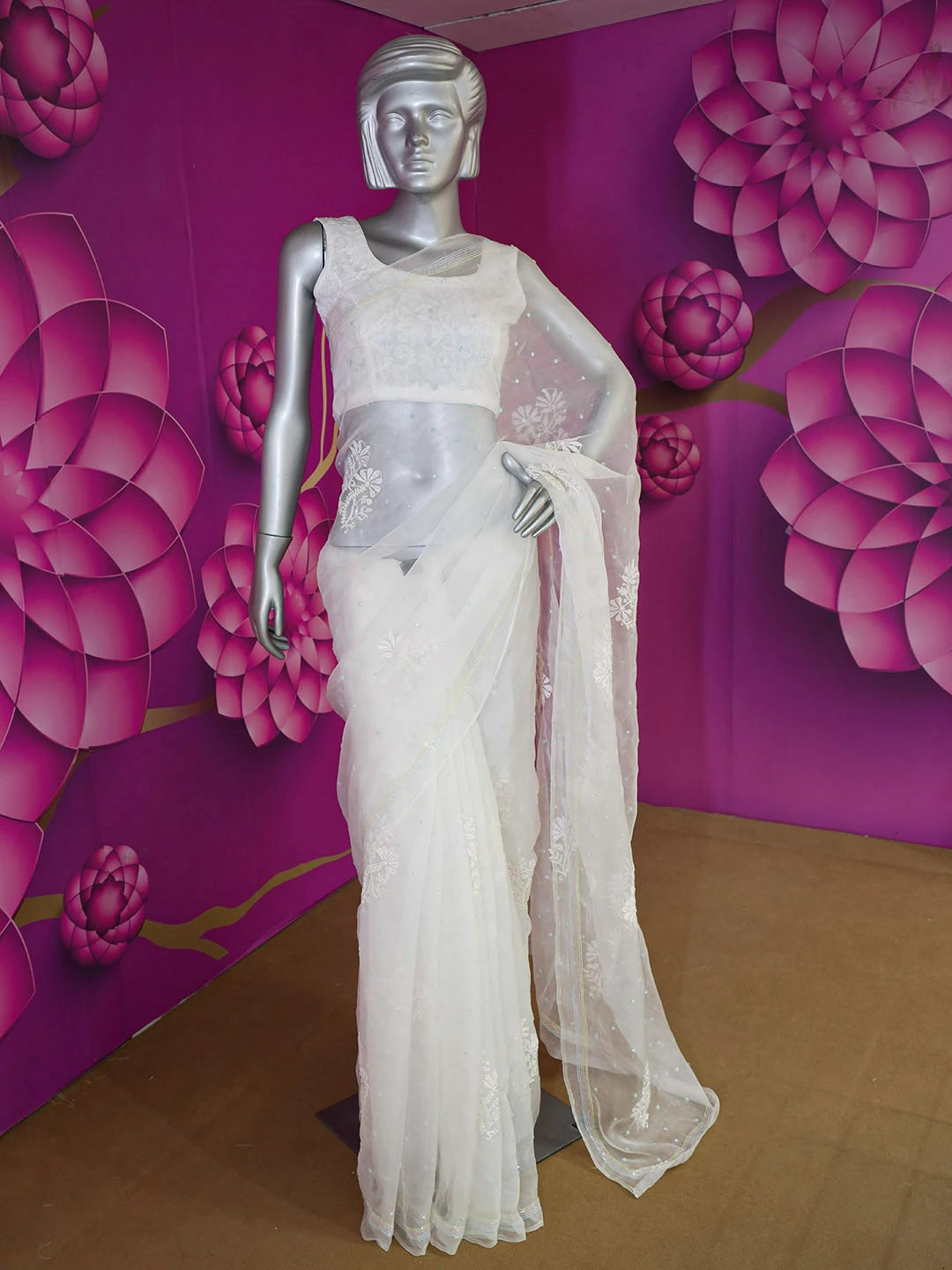 Ada Hand Embroidered Off White Organza Lucknowi Chikankari Saree With Blouse And Cutdana Work 01A584163