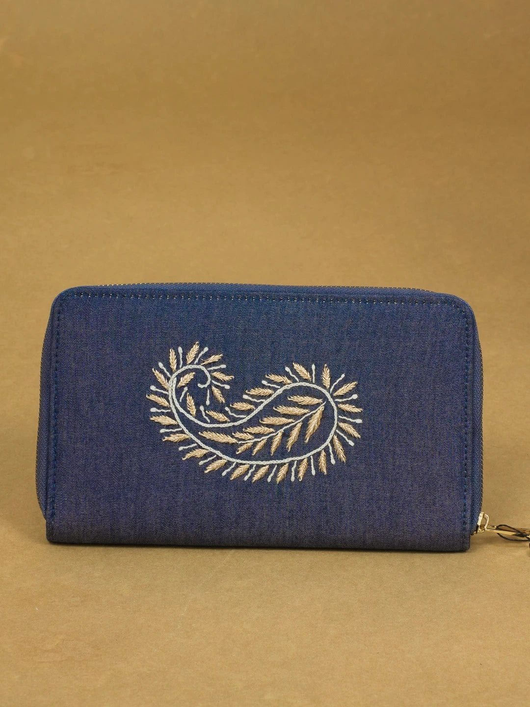 Ada Hand Embroidered Navy Blue Denim Lucknowi Chikankari Clutch With Zari Work 01A583861