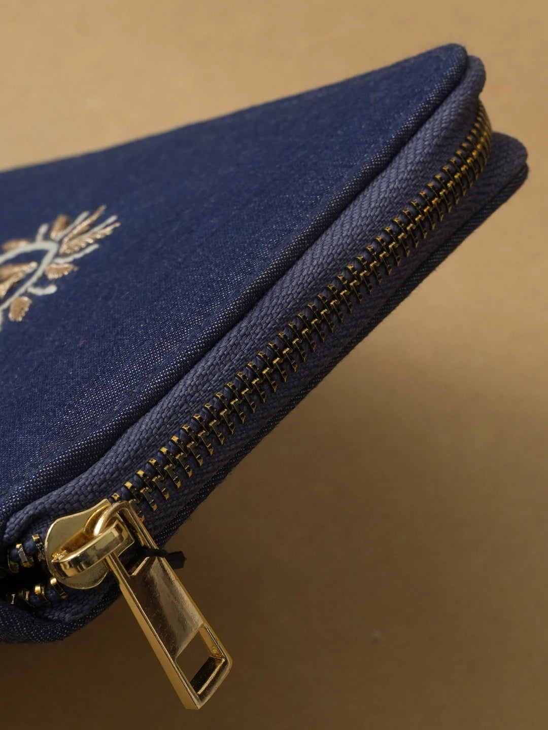 Ada Hand Embroidered Navy Blue Denim Lucknowi Chikankari Clutch With Zari Work 01A583861
