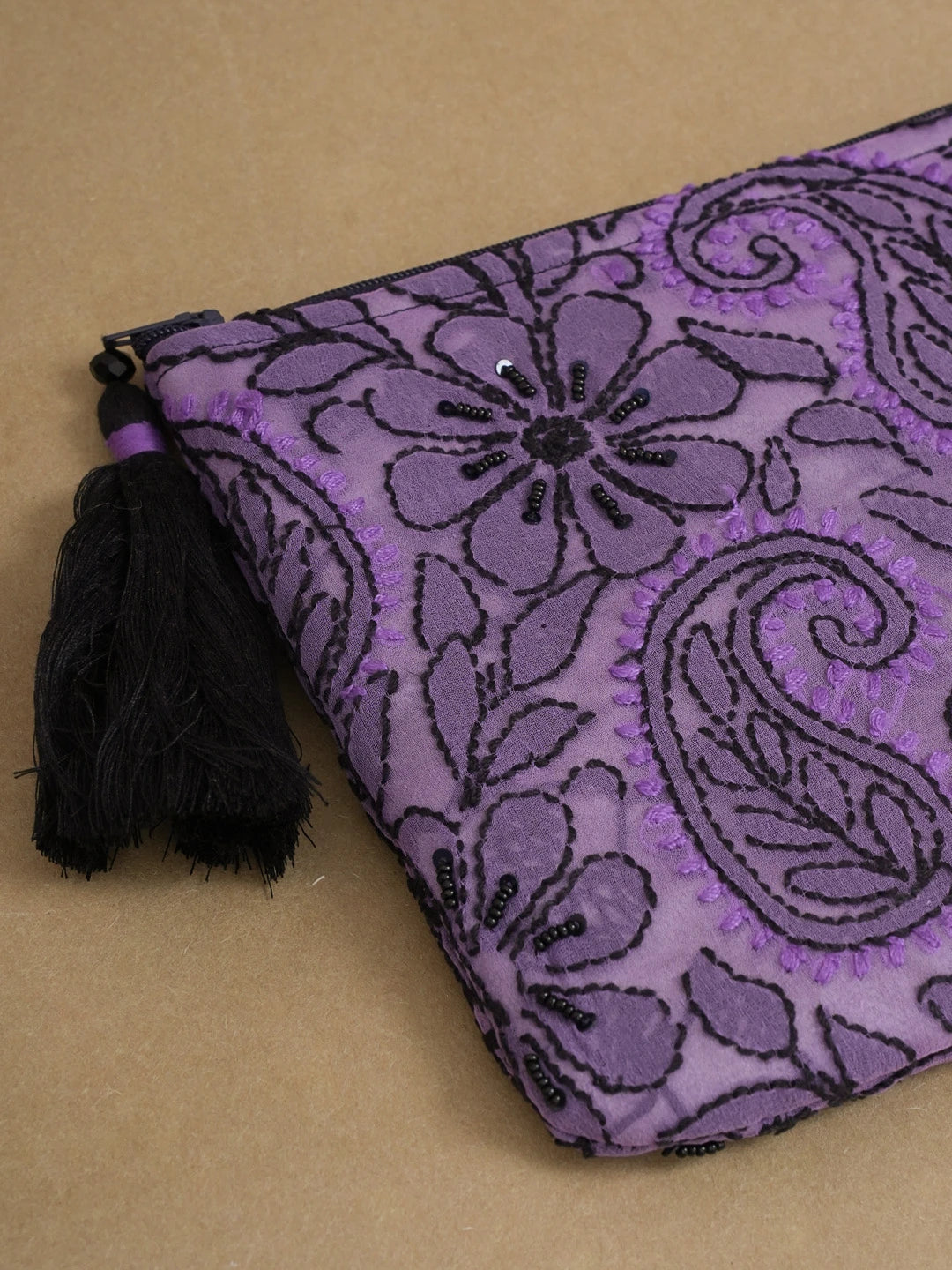 Ada Hand Embroidered Mauve Georgette Lucknowi Chikankari Pouch with Cutdana and Sequinned Work 01A558276