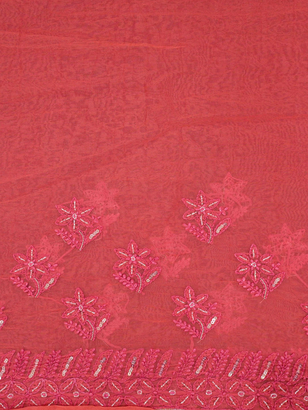 Ada Hand Embroidered Carrot Pink Organza Lucknowi Chikankari Saree and Blouse With Cutdana Work 01A240947
