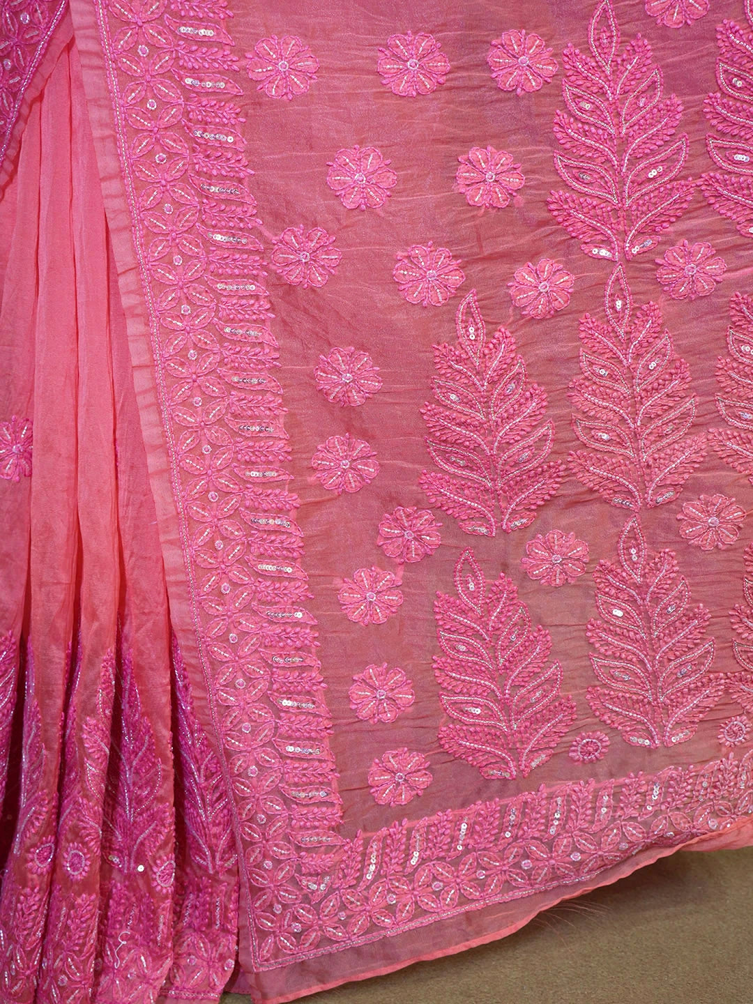 Ada Hand Embroidered Carrot Pink Organza Lucknowi Chikankari Saree and Blouse With Cutdana Work 01A240947