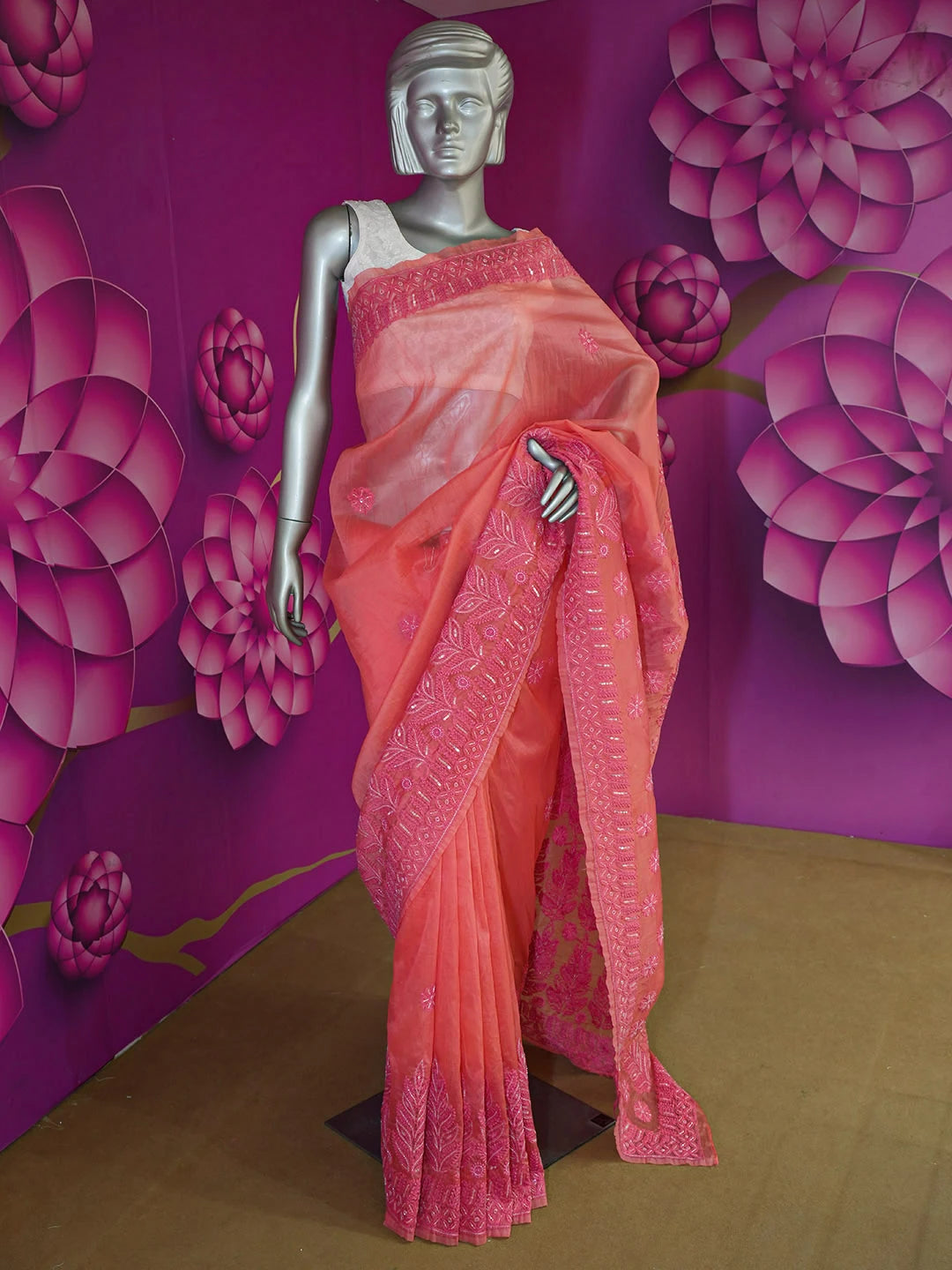 Ada Hand Embroidered Carrot Pink Organza Lucknowi Chikankari Saree and Blouse With Cutdana Work 01A240947