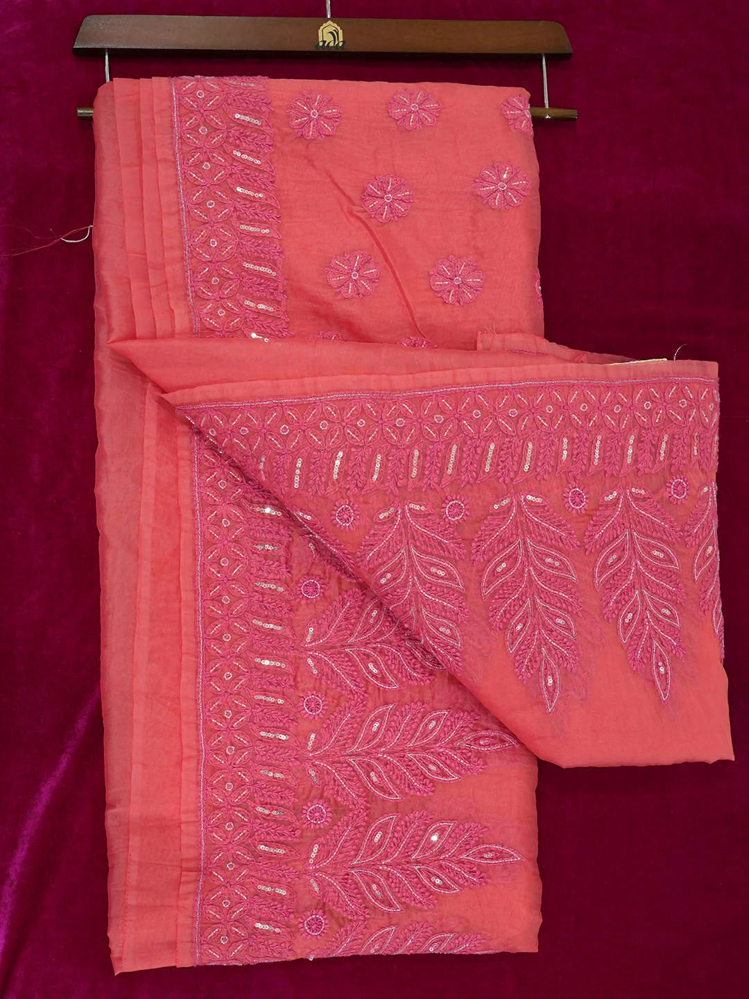 Ada Hand Embroidered Carrot Pink Organza Lucknowi Chikankari Saree and Blouse With Cutdana Work 01A240947