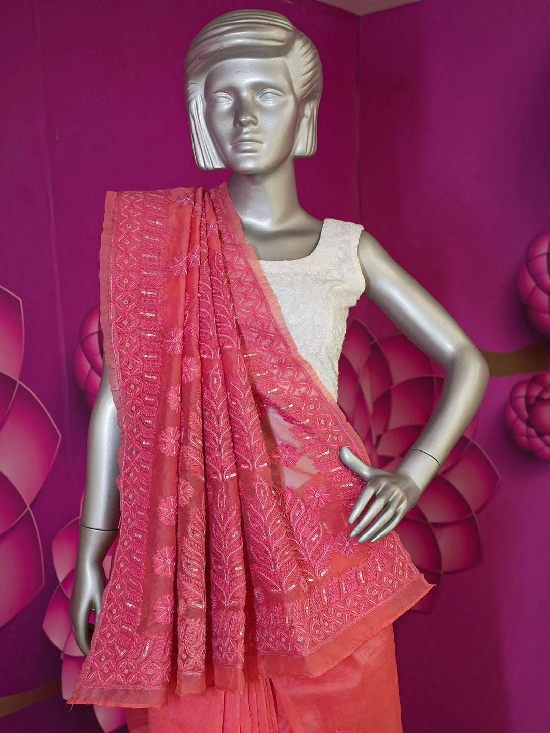Ada Hand Embroidered Carrot Pink Organza Lucknowi Chikankari Saree and Blouse With Cutdana Work 01A240947