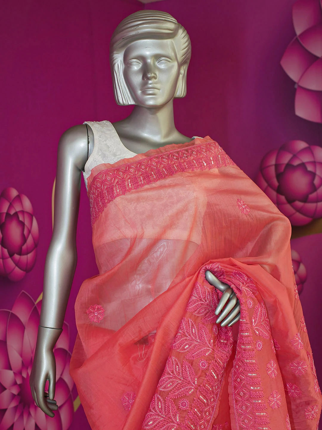 Ada Hand Embroidered Carrot Pink Organza Lucknowi Chikankari Saree and Blouse With Cutdana Work 01A240947