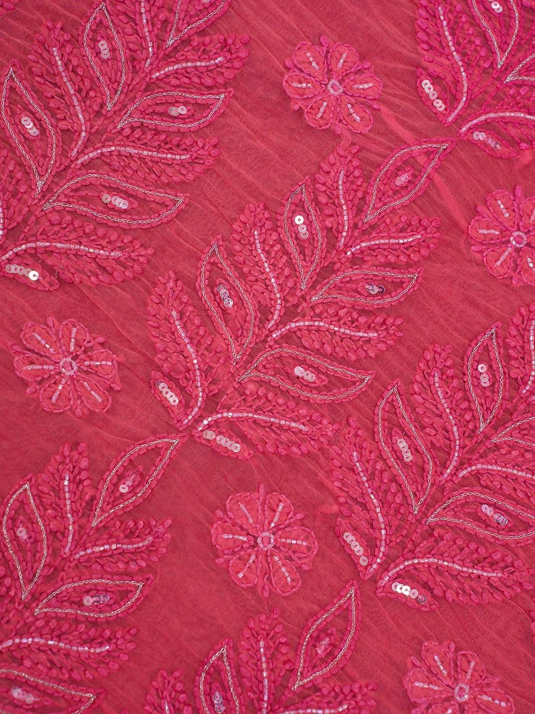 Ada Hand Embroidered Carrot Pink Organza Lucknowi Chikankari Saree and Blouse With Cutdana Work 01A240947