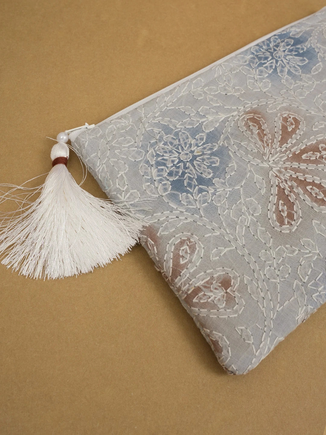 Ada Hand Embroidered Grey Cotton Lucknowi Chikankari Pouch 01A596843