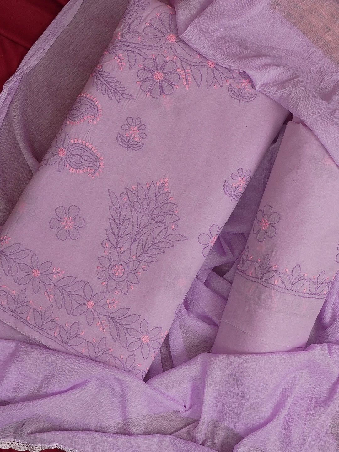 Ada Hand Embroidered Mauve Cotton Lucknowi Chikankari Unstitched Suit Set 01A598929