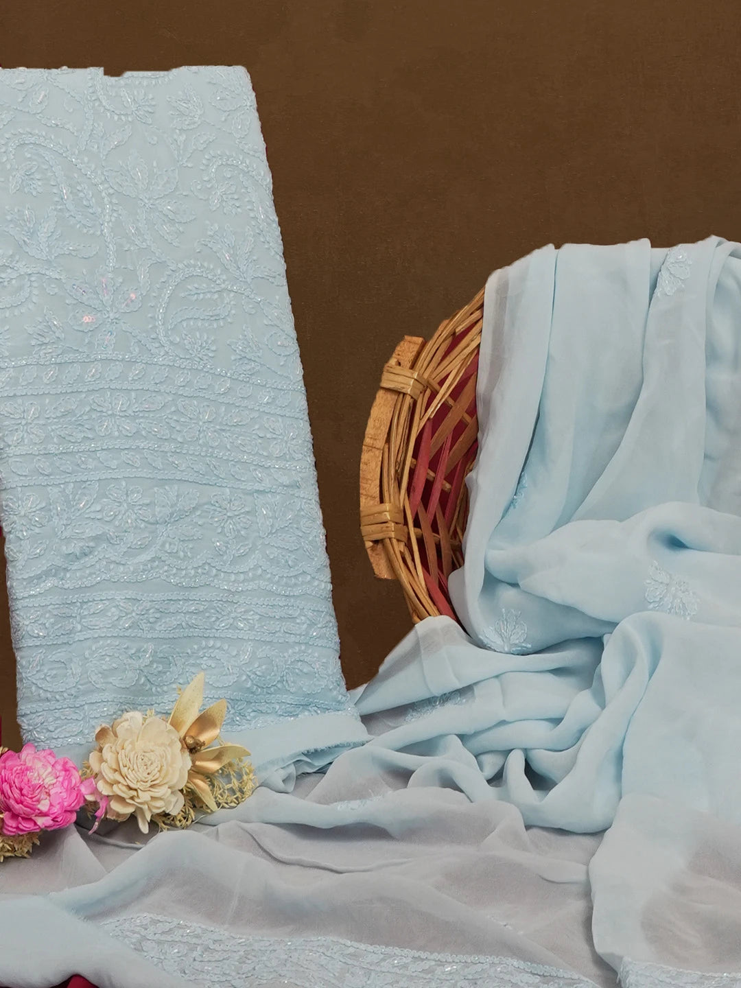 Ada Hand Embroidered Sky Blue Viscose Georgette Lucknowi Chikankari Unstitched Kurta Dupatta Set With Pearl and Cutdana Work 01A594252