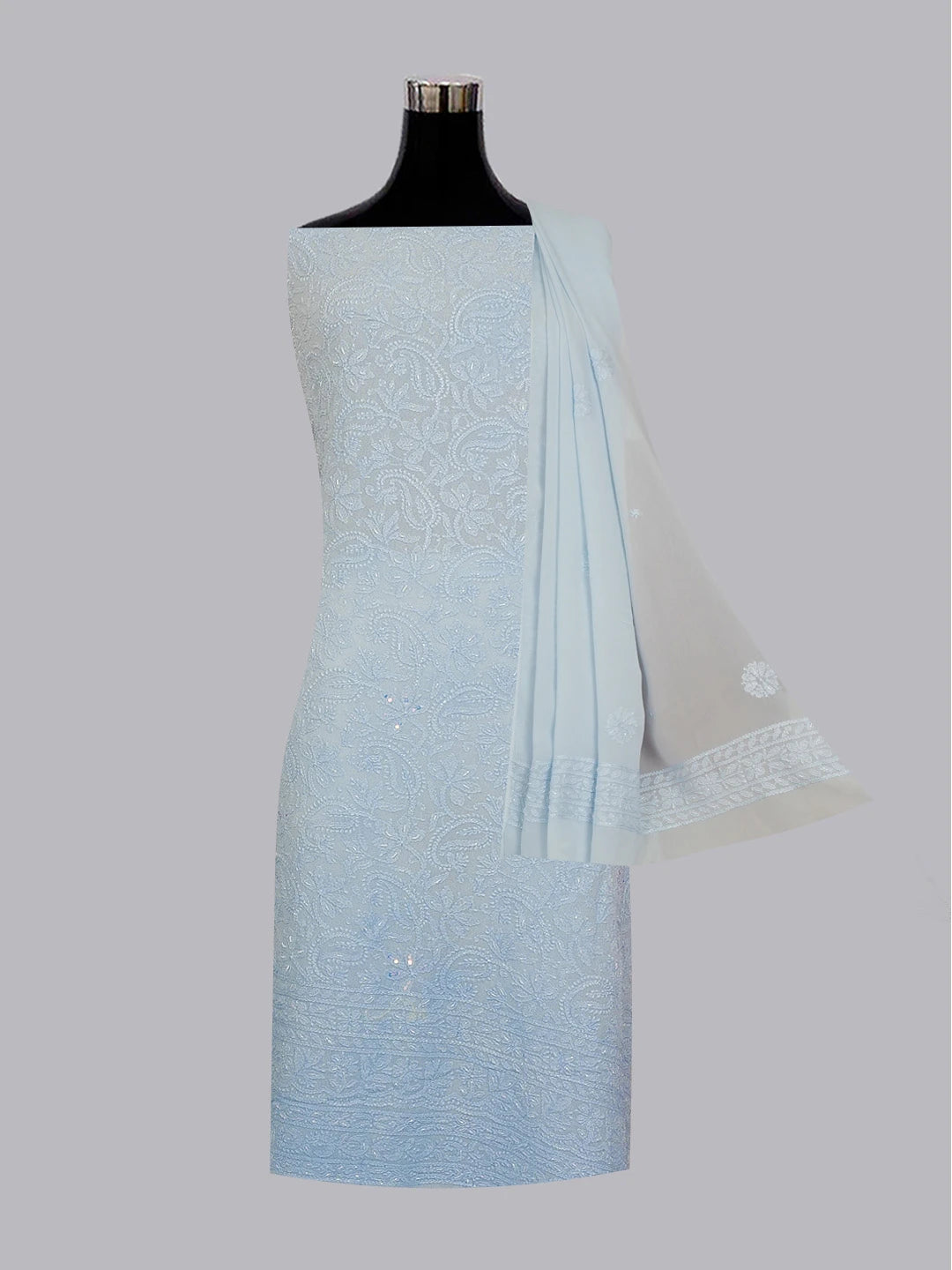 Ada Hand Embroidered Sky Blue Viscose Georgette Lucknowi Chikankari Unstitched Kurta Dupatta Set With Pearl and Cutdana Work 01A594252
