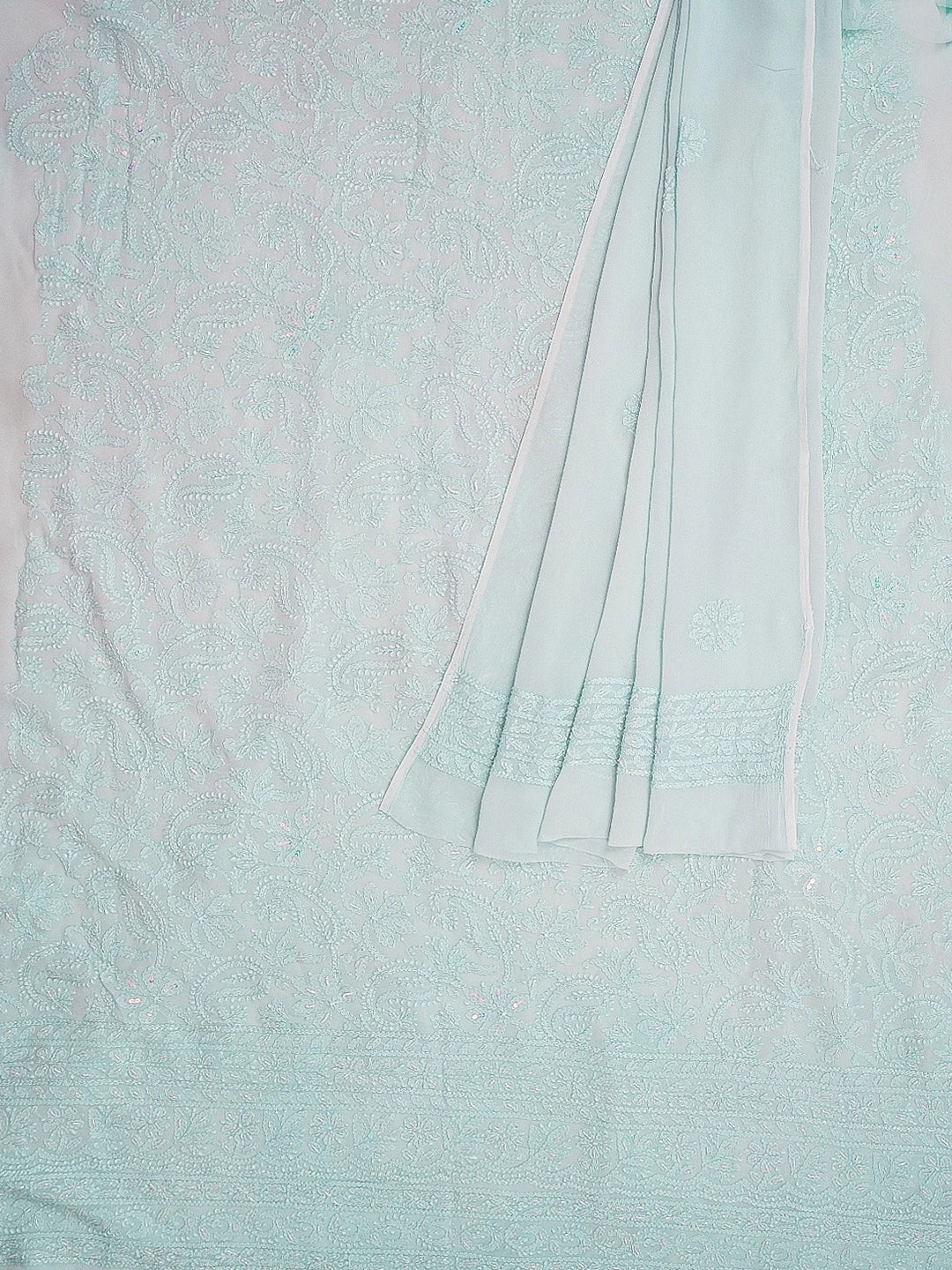 Ada Hand Embroidered Sky Blue Viscose Georgette Lucknowi Chikankari Unstitched Kurta Dupatta Set With Pearl and Cutdana Work 01A594252