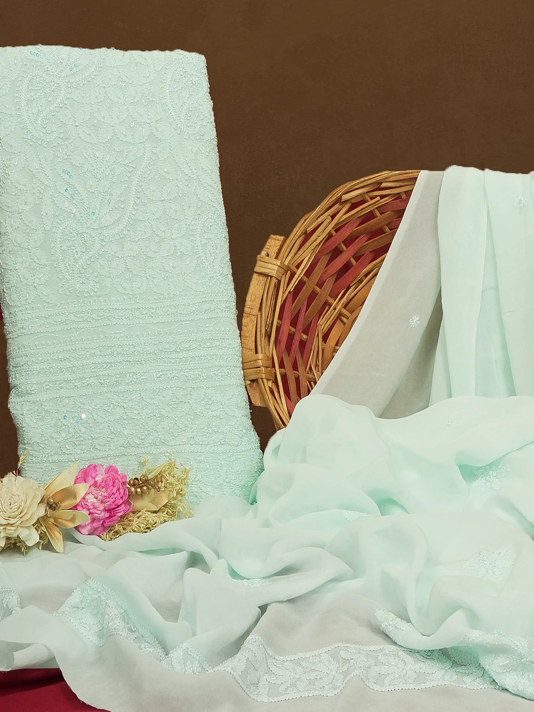 Ada Hand Embroidered Sea Green Viscose Georgette Lucknowi Chikankari Unstitched Kurta Dupatta Set With Cutdana and Zari Work 01A594260
