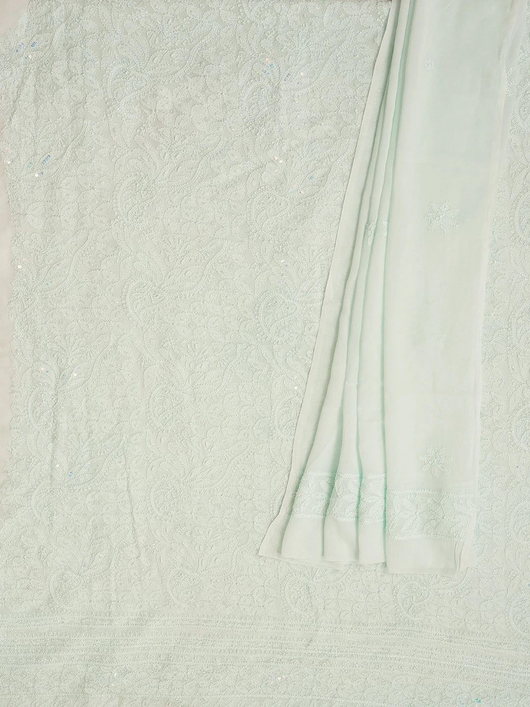 Ada Hand Embroidered Sea Green Viscose Georgette Lucknowi Chikankari Unstitched Kurta Dupatta Set With Cutdana and Zari Work 01A594260