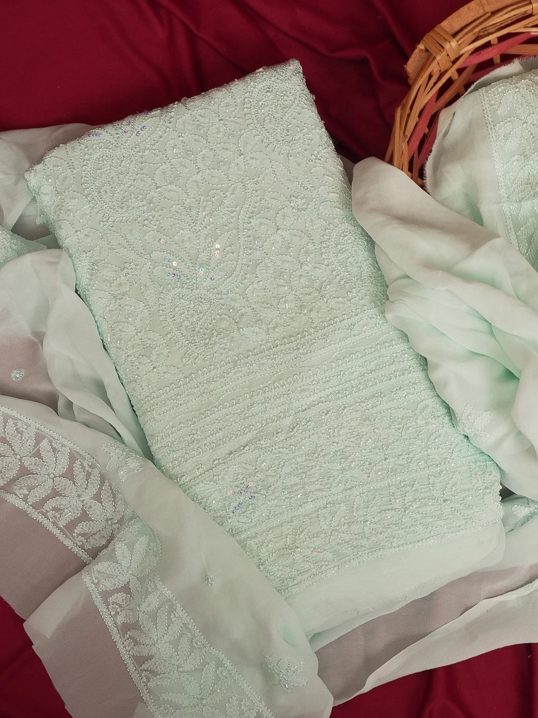 Ada Hand Embroidered Sea Green Viscose Georgette Lucknowi Chikankari Unstitched Kurta Dupatta Set With Cutdana and Zari Work 01A594260
