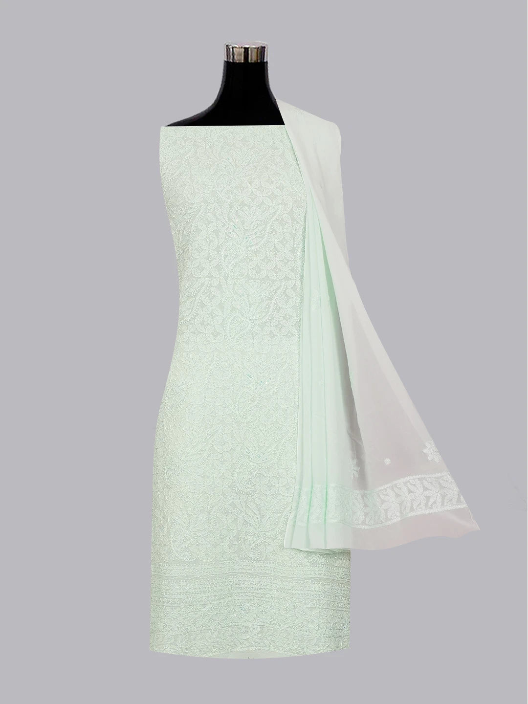 Ada Hand Embroidered Sea Green Viscose Georgette Lucknowi Chikankari Unstitched Kurta Dupatta Set With Cutdana and Zari Work 01A594260