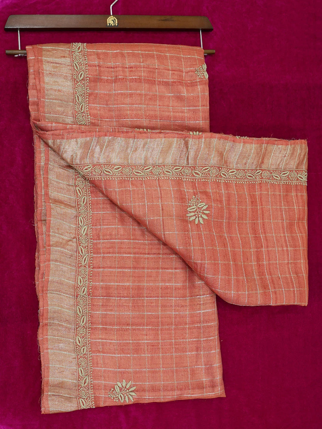 Ada Hand Embroidered Rust Silk Lucknowi Chikankari Saree With Blouse 01A470268