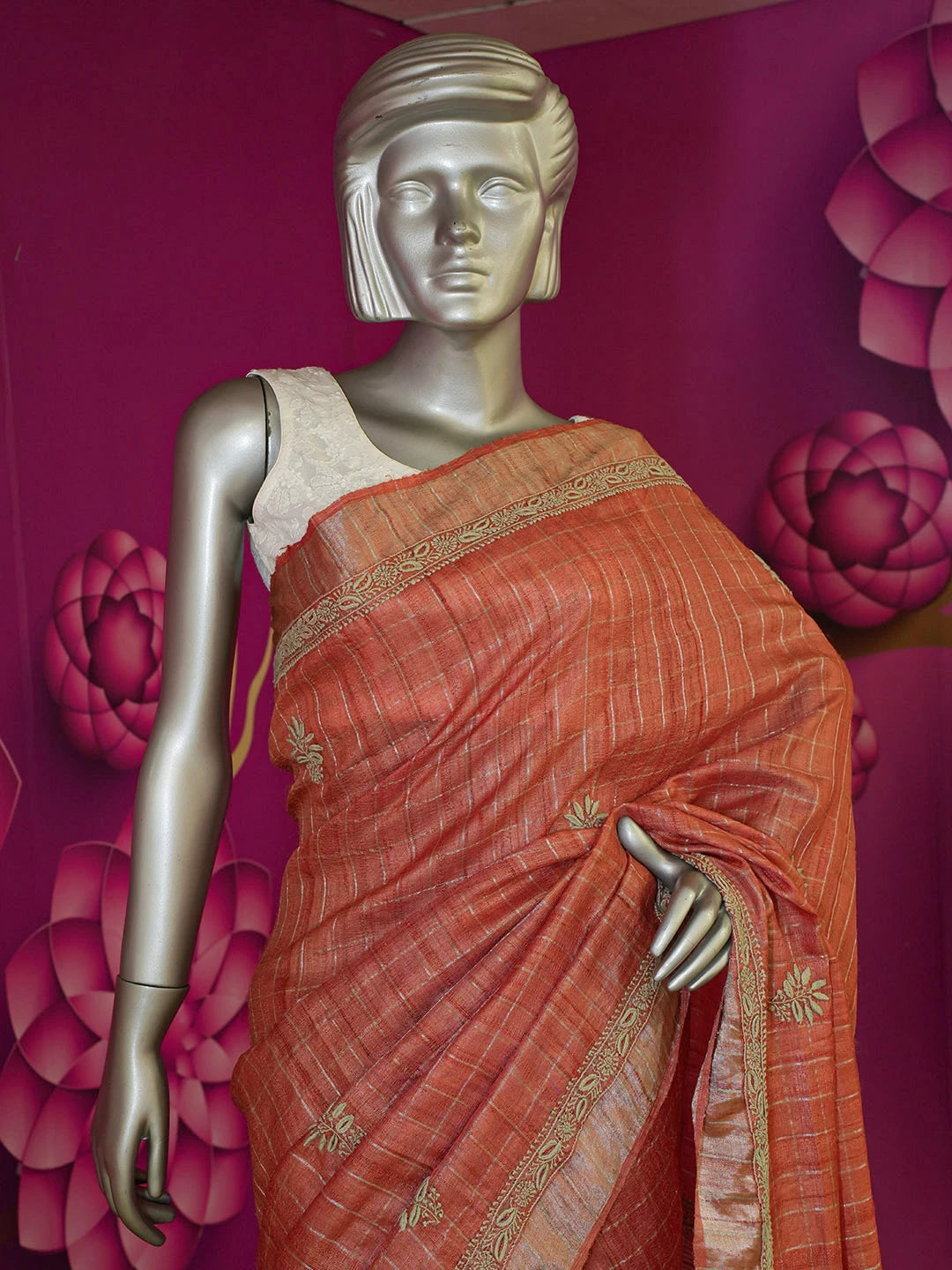 Ada Hand Embroidered Rust Silk Lucknowi Chikankari Saree With Blouse 01A470268