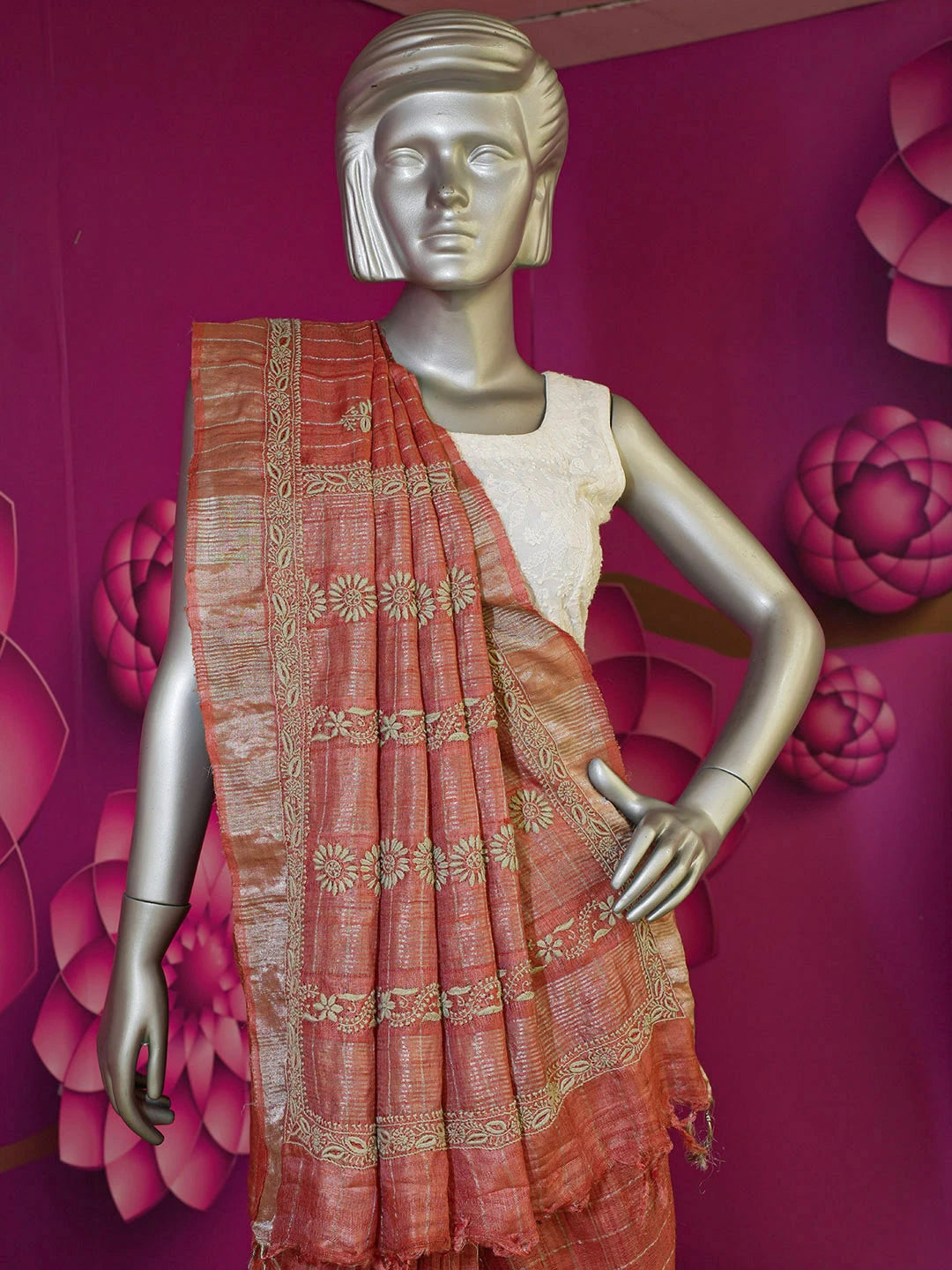 Ada Hand Embroidered Rust Silk Lucknowi Chikankari Saree With Blouse 01A470268