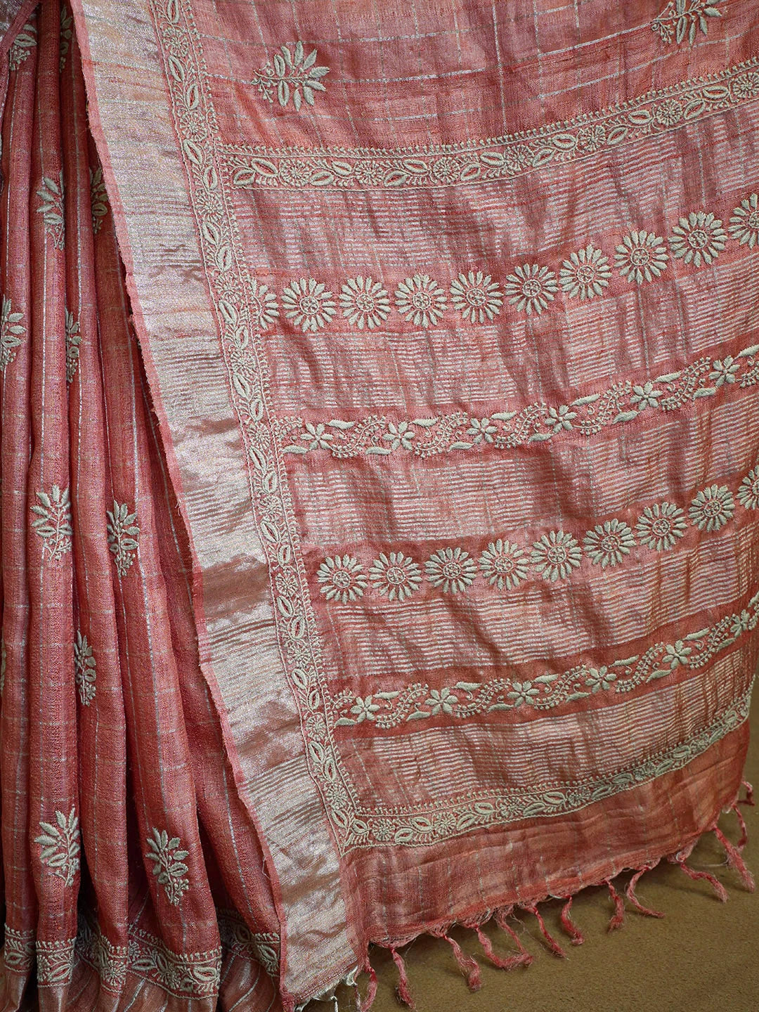 Ada Hand Embroidered Rust Silk Lucknowi Chikankari Saree With Blouse 01A470268
