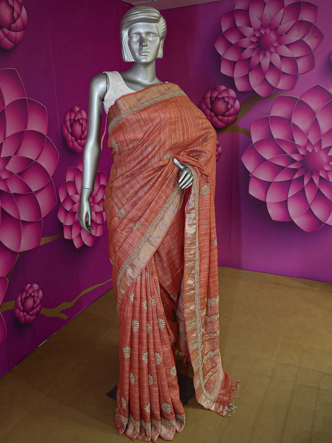 Ada Hand Embroidered Rust Silk Lucknowi Chikankari Saree With Blouse 01A470268