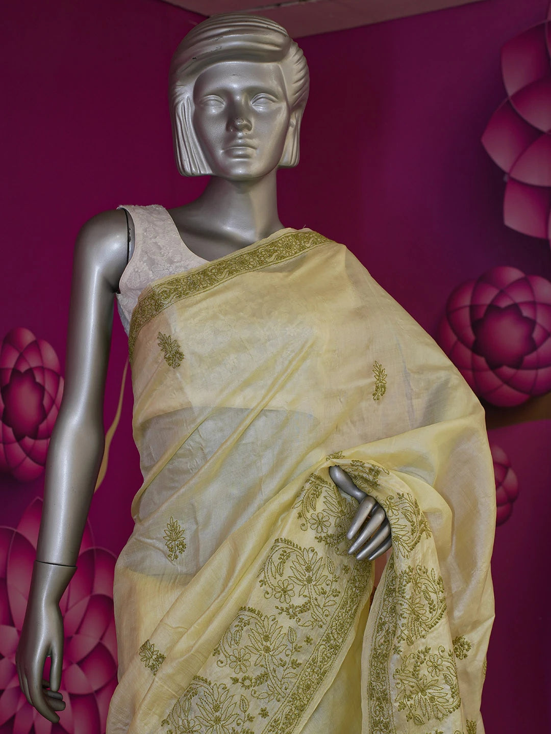 Ada Hand Embroidered Cream Silk Lucknowi Chikankari Saree with Blouse 01A596671