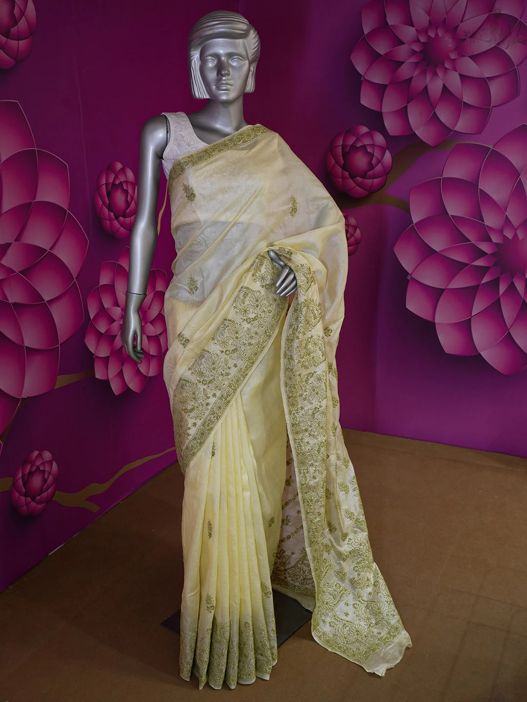 Ada Hand Embroidered Cream Silk Lucknowi Chikankari Saree with Blouse 01A596671