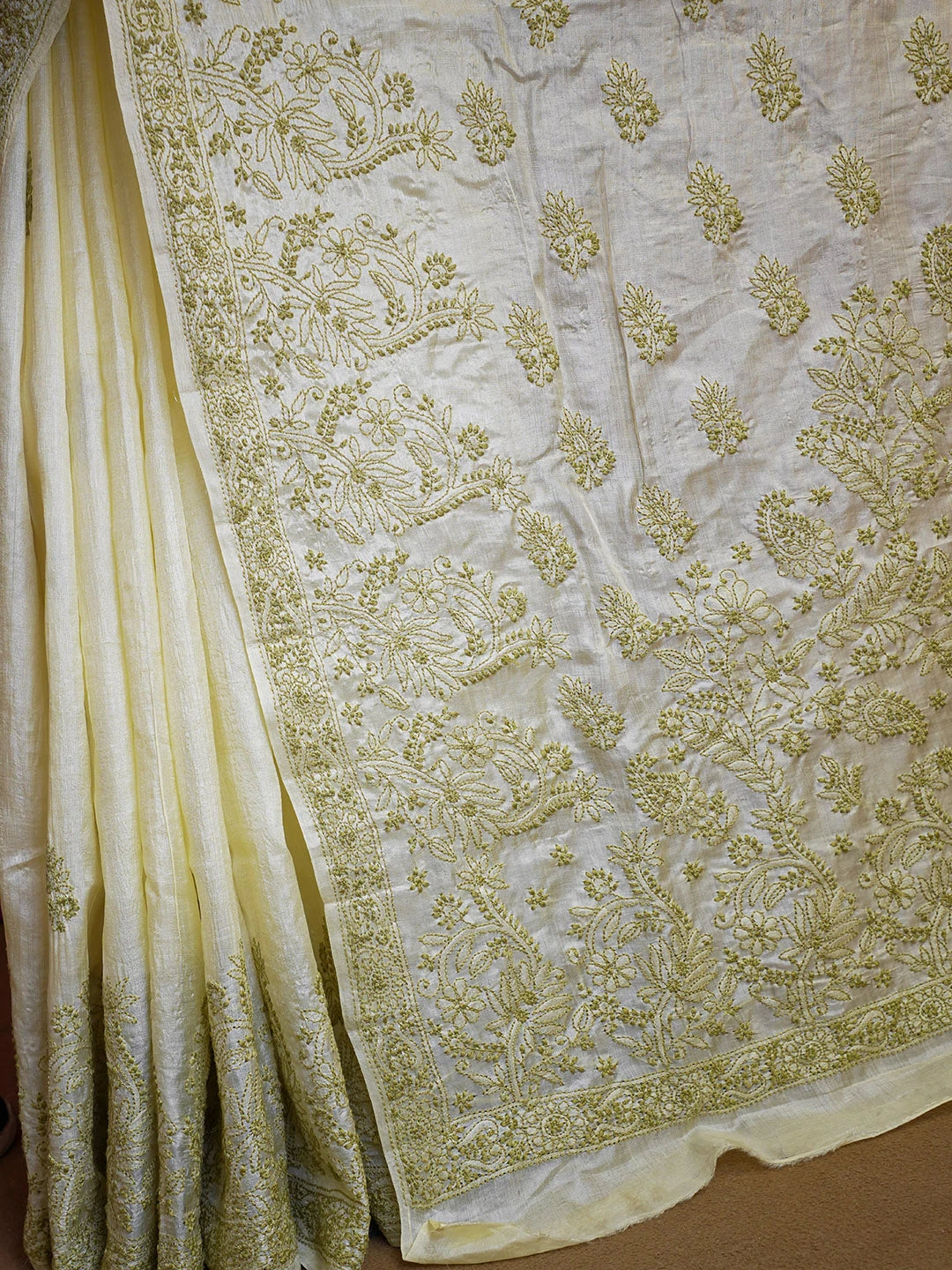 Ada Hand Embroidered Cream Silk Lucknowi Chikankari Saree with Blouse 01A596671