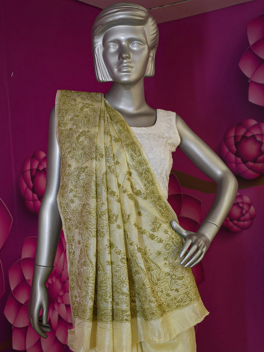 Ada Hand Embroidered Cream Silk Lucknowi Chikankari Saree with Blouse 01A596671