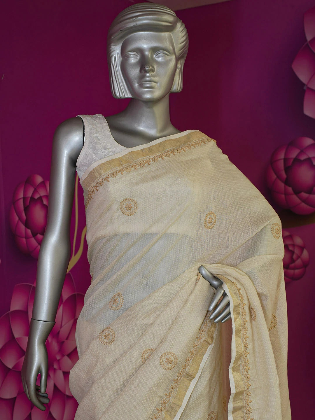 Ada Hand Embroidered Fawn Kota Lucknowi Chikankari Saree with Blouse 01A581280