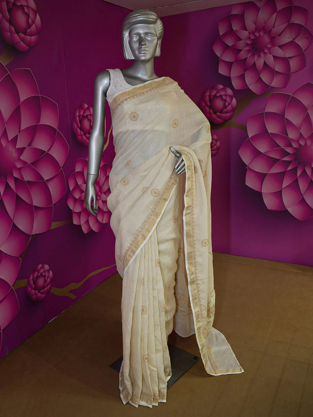 Ada Hand Embroidered Fawn Kota Lucknowi Chikankari Saree with Blouse 01A581280