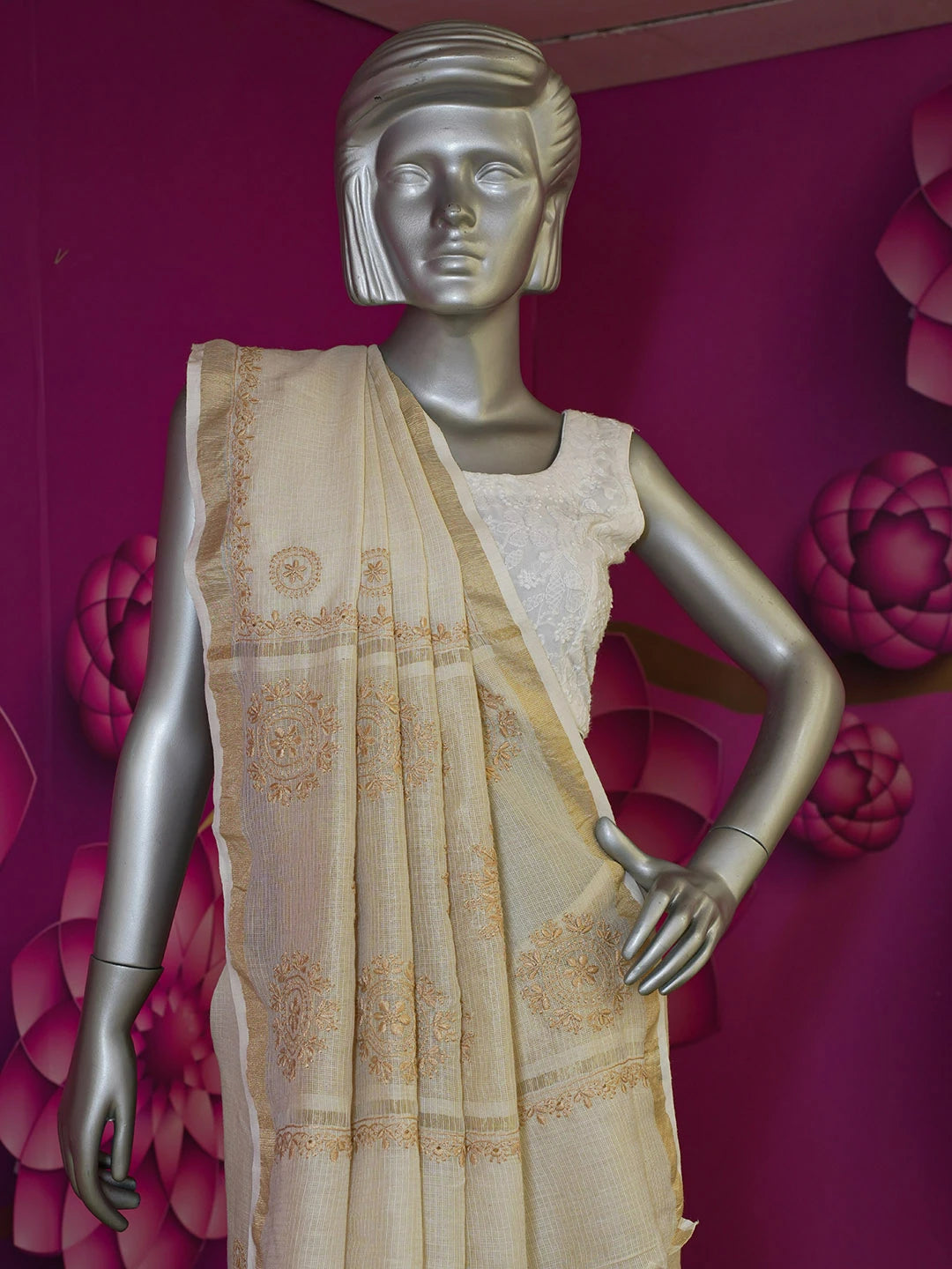 Ada Hand Embroidered Fawn Kota Lucknowi Chikankari Saree with Blouse 01A581280