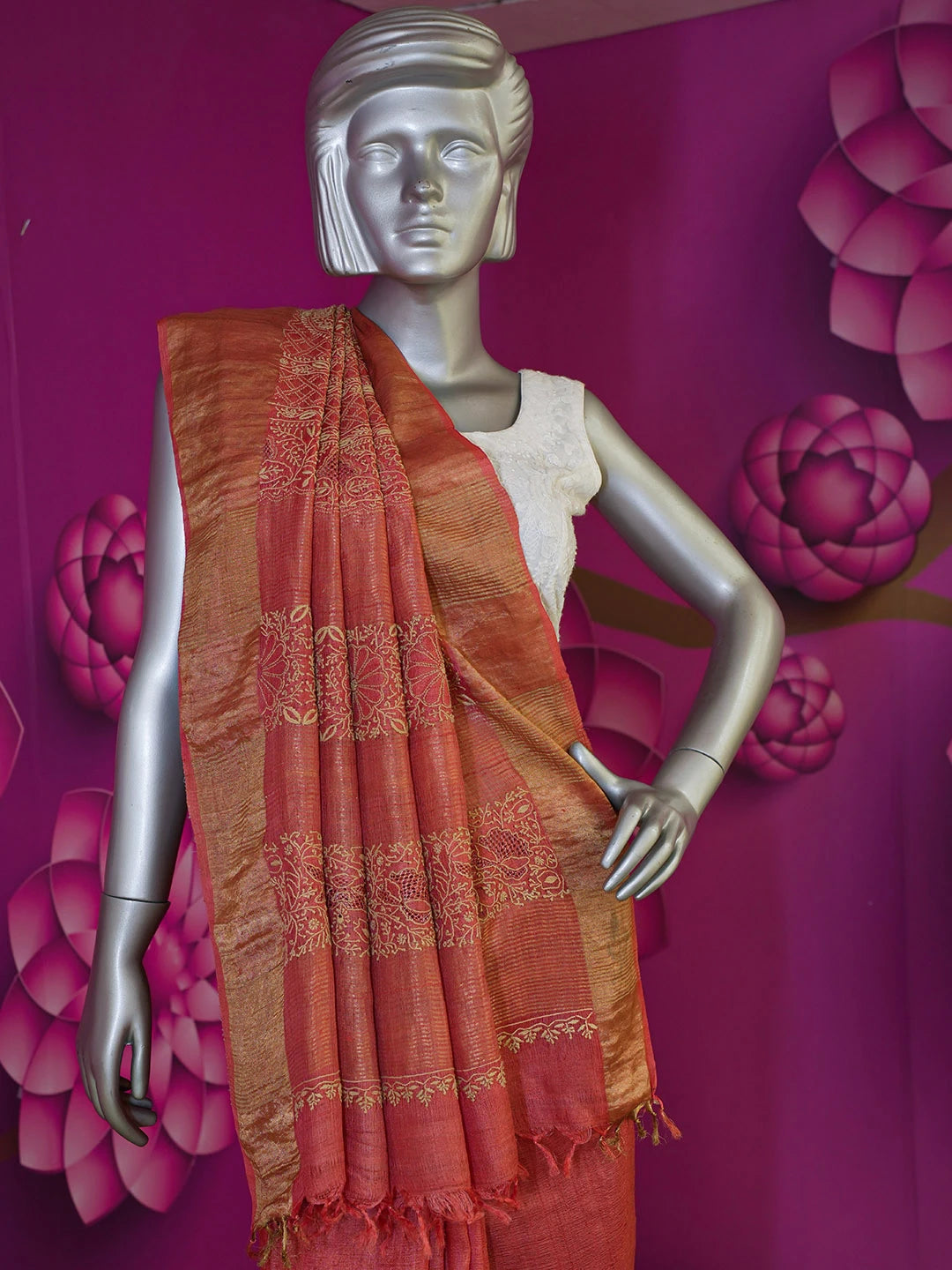 Ada Hand Embroidered Rust Silk Lucknowi Chikankari Saree With Blouse 01A451691