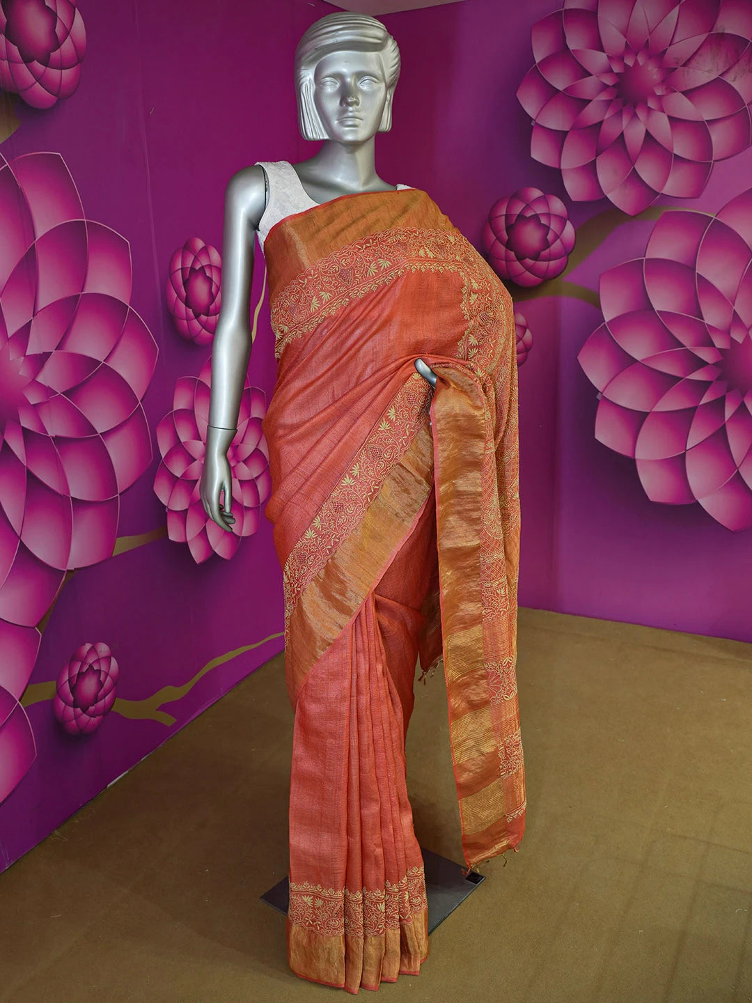 Ada Hand Embroidered Rust Silk Lucknowi Chikankari Saree With Blouse 01A451691